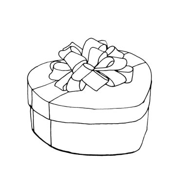 Hediyenin grafiksel çizimi, kalp şeklinde bir kutu, fiyonklu..