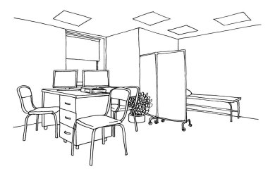 Grafik çizim muayenehanesi, hastaların kabulü, dolap..