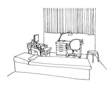 Grafik çizim muayenehanesi, hastaların kabulü, dolap..