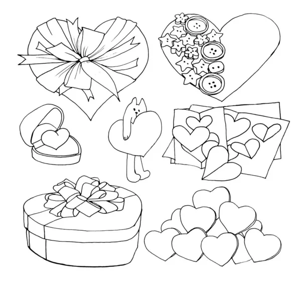 Graphic sketch, set, collection of hearts, cat, gift, card, liner.