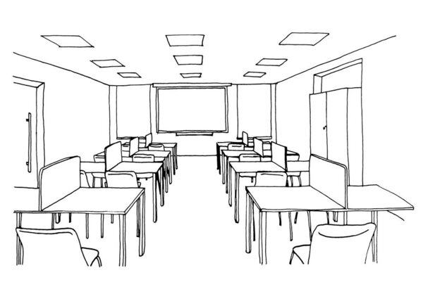 Graphic sketch of an interior classroom, liner 