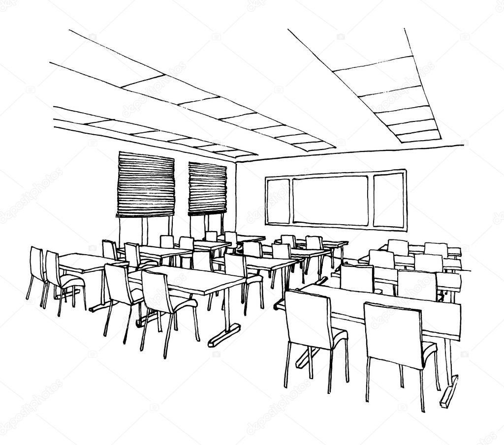 Graphic sketch of an interior classroom, liner 