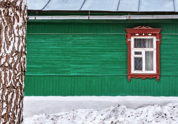 Das Fenster Mit Dem Geschnitzten Holzarchitrav Gewächshaus Der Alten Russischen — Stockfoto