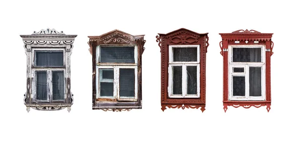 Set Windows Wooden Carved Architrave House Old Russian Town Isolated — Stock Photo, Image