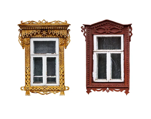 Set Windows Wooden Carved Architrave House Old Russian Town Isolated — Stock Photo, Image