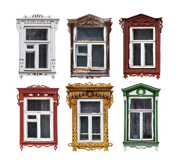 Set Windows Wooden Carved Architrave House Old Russian Town Isolated — Stock Photo, Image