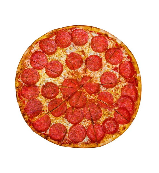 Pepperoni Pizza Von Oben Gesehen Stücke Schneiden Isoliert Auf Weiß — Stockfoto