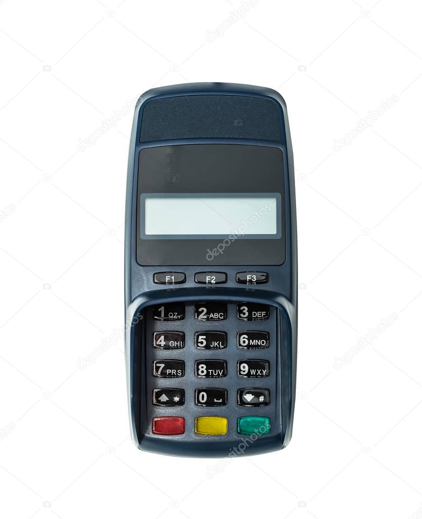 Modern blue payment terminal (pin pad), with a blank screen, isolated on white.