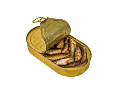 Bitkisel yağda tütsülenmiş konserve kutusunu aç. Üst görünüm, beyaz arkaplan, izole edilmiş.