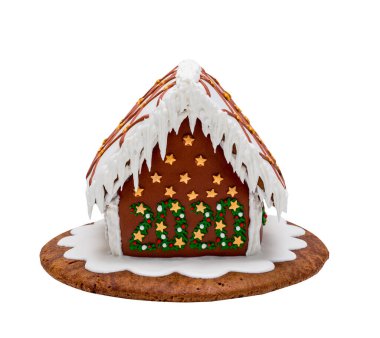 Kahverengi Noel zencefilli kurabiye evi, el yapımı. 2020 yazısında jöleden yapılmış. Beyazda izole edilmiş.