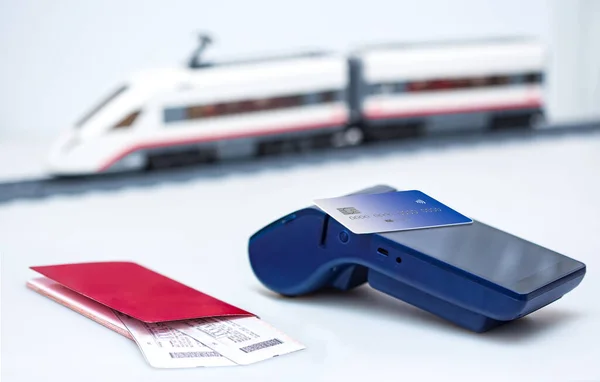 Train Tickets Purchase Passport Train Distance Modern Payment Blue Terminal — Stock Photo, Image