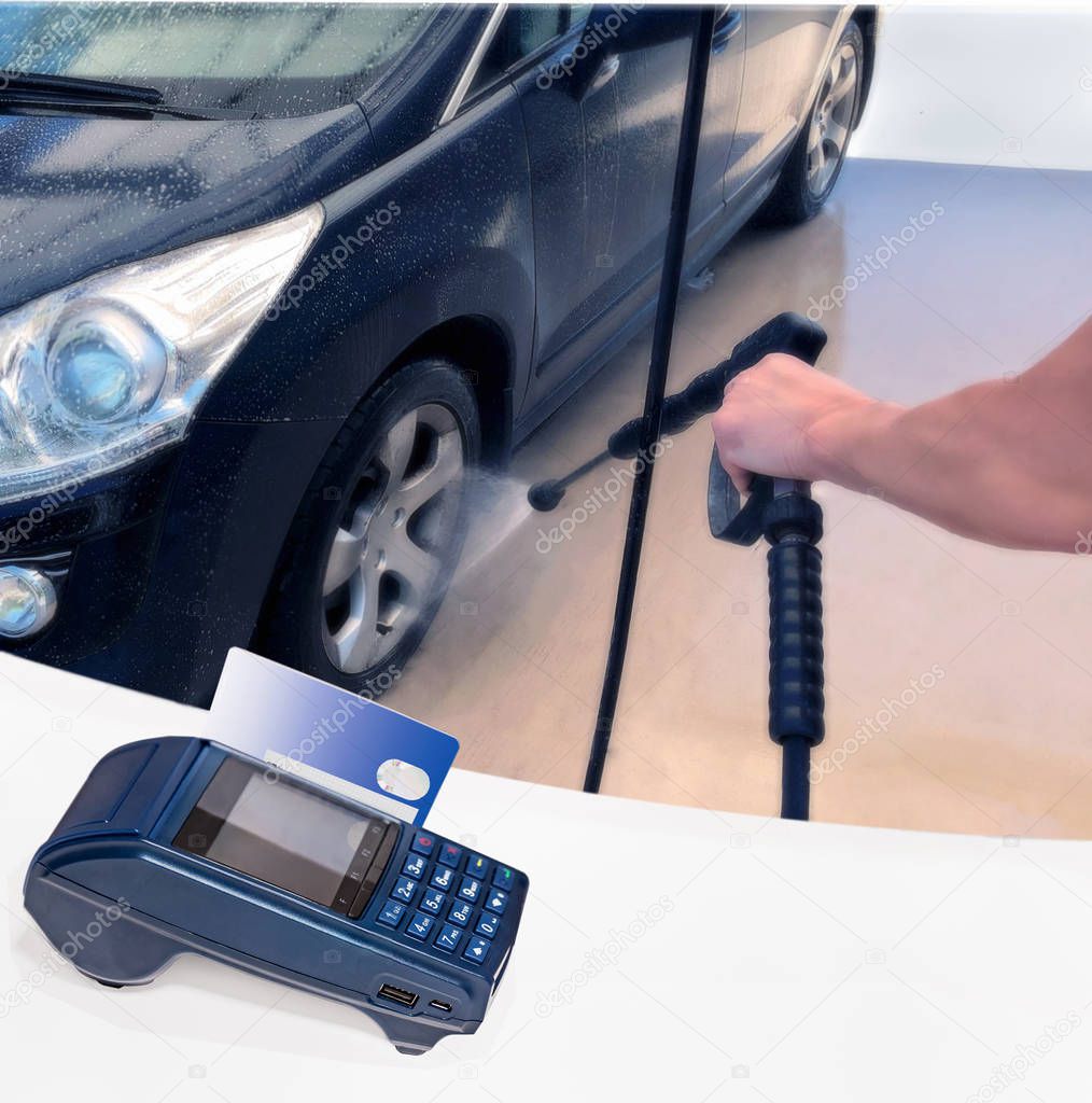 Car wash payment card. Modern payment blue terminal and card All silhouettes of cars are distorted for unrecognizability.