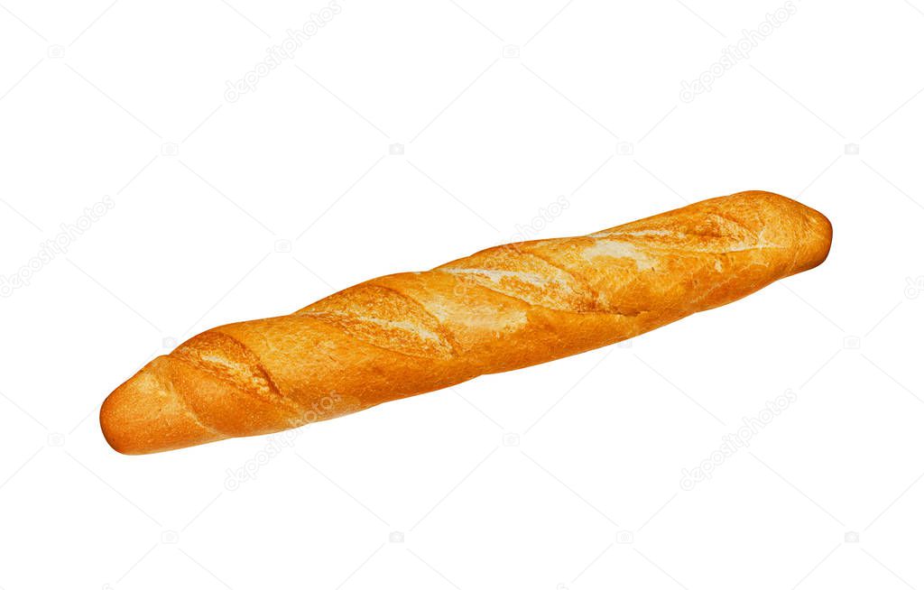 Wheat yeast baguette isolated on white.