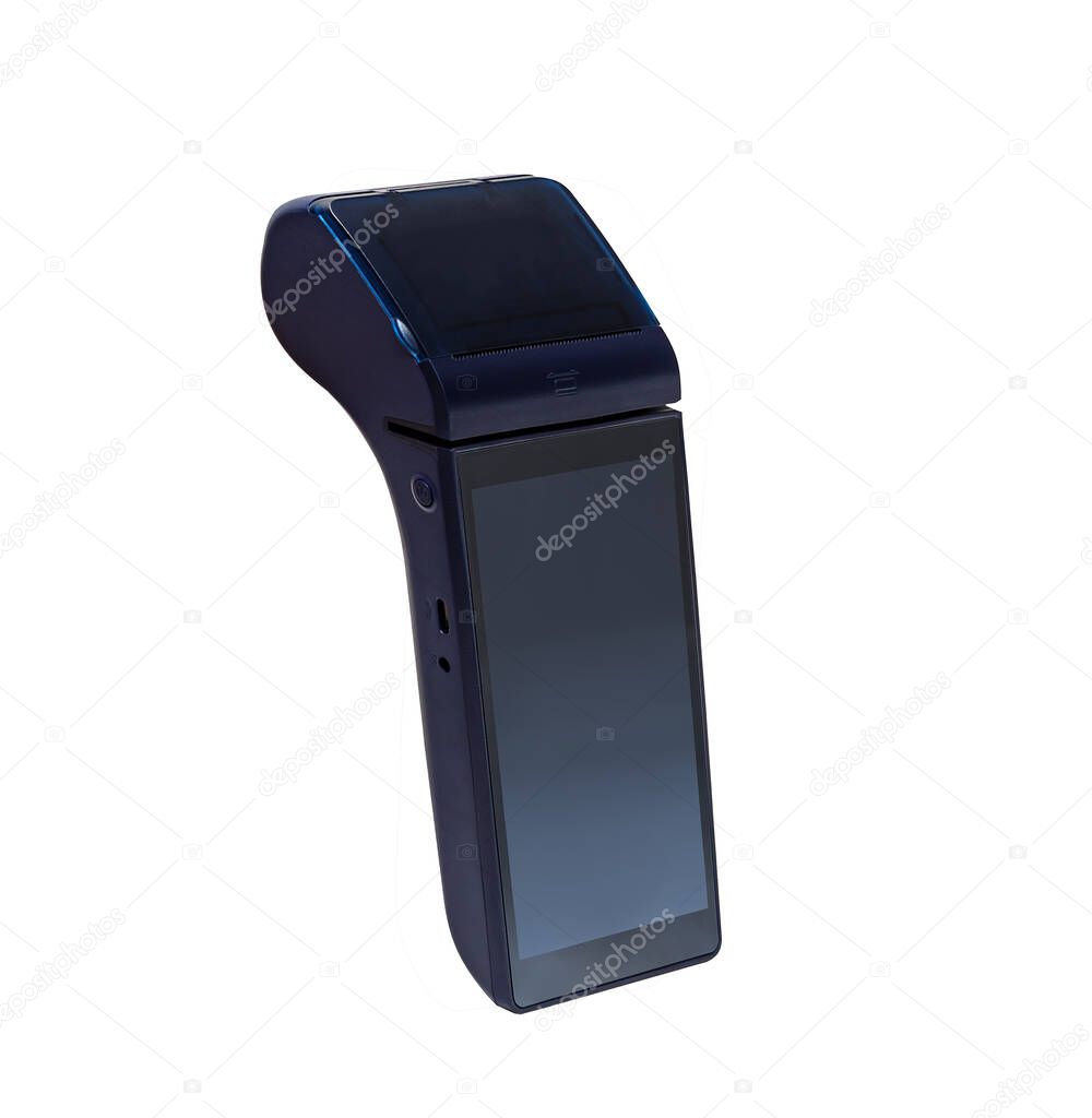 Electronic payment terminal. The case is made of blue plastic. Isolated on white.