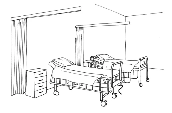 グラフィックスケッチ病院病棟 診療室のインテリア 患者のいない空き部屋 — ストック写真