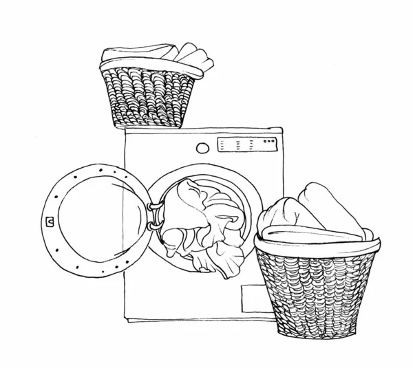 Graficzne Pranie Szkiców Otwarta Pralka Dwa Kosze Pościelą — Zdjęcie stockowe
