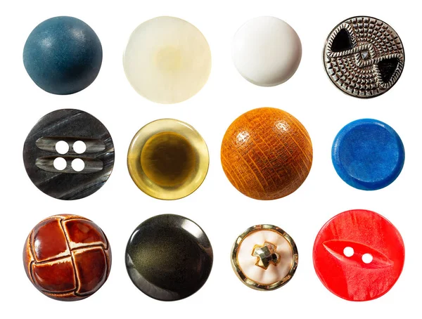 Set Various Old Sew Cloth Buttons Isolated White — Stock Photo, Image