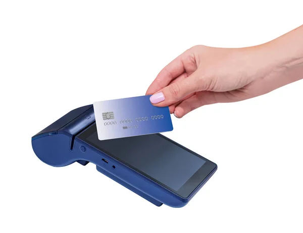 Terminal Pagamento Azul Moderno Pagamento Com Cartão Fita Magnética Mão — Fotografia de Stock