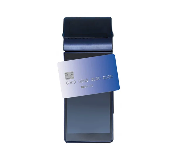 近代的なブルー決済ターミナル カードでの支払い 白に隔離された — ストック写真
