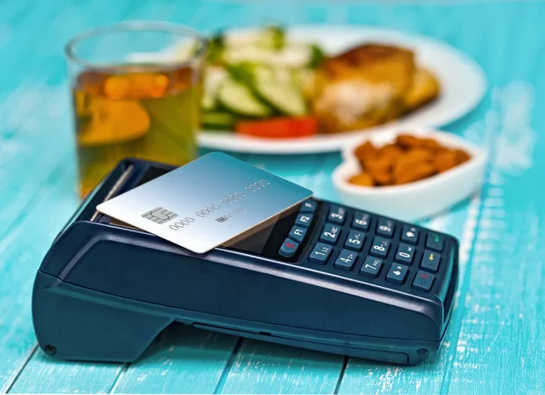Payment Lunch Breakfast Cafe Restaurant Modern Payment Blue Terminal Card — Stock Photo, Image