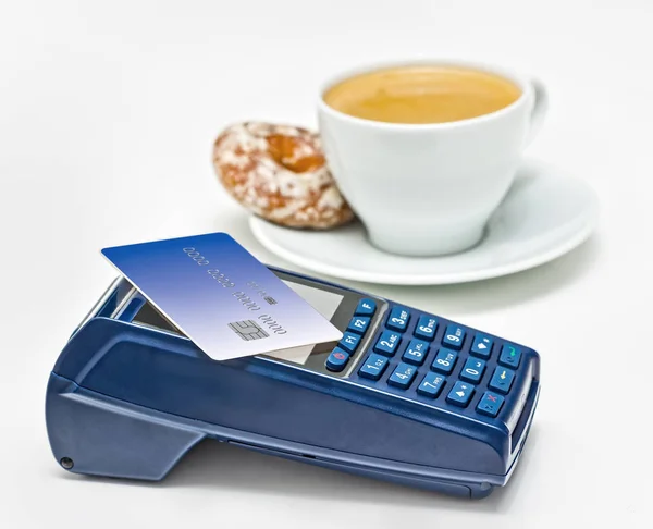 Payment Lunch Breakfast Cafe Restaurant Modern Payment Blue Terminal Card — Stock Photo, Image