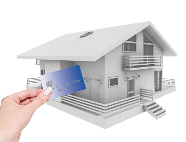 Purchase House Cottage Female Hand Holds Bank Card Payment Isolated — Stock Photo, Image