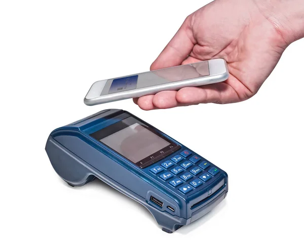 Elektronische Betaalterminal Betaling Met Smartphone Geïsoleerd Wit — Stockfoto