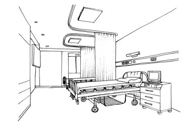 Grafik eskiz hastanesi koğuşu, klinik odası içi. Hastasız boş bir oda..
