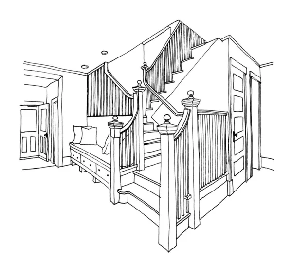 Γραφικό Σκίτσο Του Σαλονιού Στο Σπίτι Σκάλες Για Τον Δεύτερο — Φωτογραφία Αρχείου