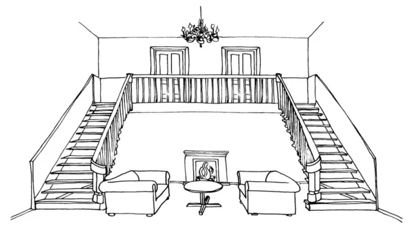 房子里的图形素描客厅 二楼的楼梯 有篝火的壁炉 几把椅子 — 图库照片