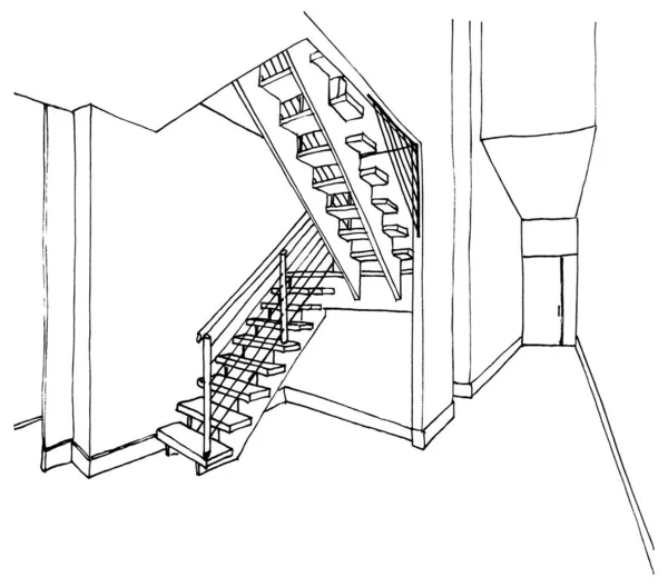 家の中のグラフィックスケッチのリビングルーム 2階への階段 — ストック写真