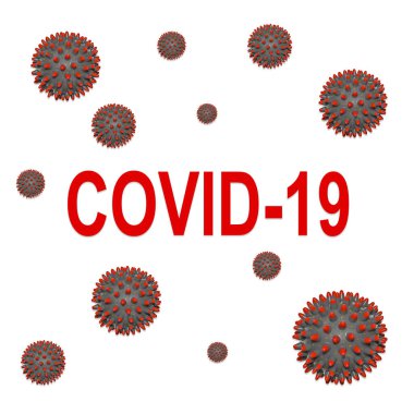 Yazı Covid-19, Çin koronavirüsü. Etrafta virüsler var. Bir beyazda izole edilmiş..