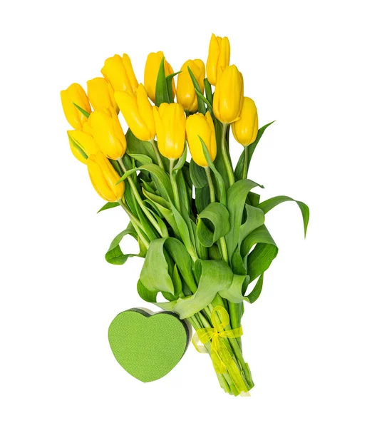 Een Boeket Gele Tulpen Een Geschenk Vorm Van Een Hart — Stockfoto