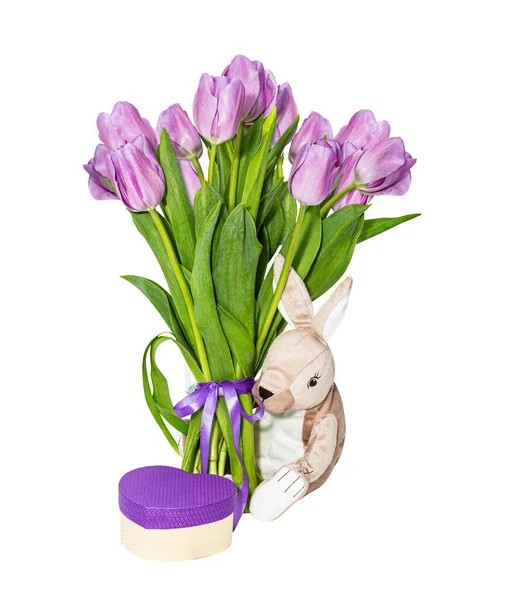 Plush Toy Rabbit Sits Bouquet Tulips Gift Easter Isolated White — Stock Photo, Image