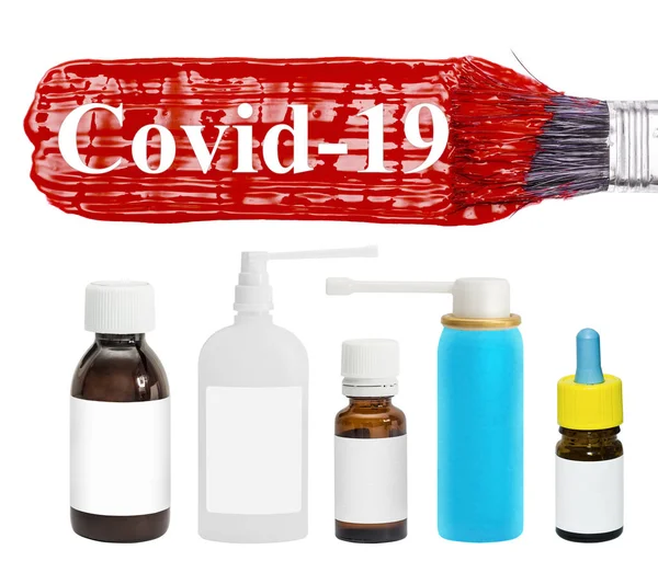 Inscription Covid Chinese Coronavirus Red Paint Medicines Sprays Drops Potions — Stock Photo, Image