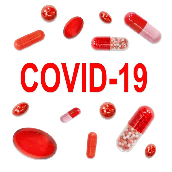 Inscription Covid Chinese Coronavirus Various Pills Virus Isolated White — Stock Photo, Image