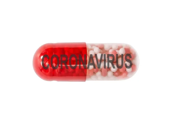 Inscripción Coronavirus Pastilla Contra Virus Aislado Sobre Blanco — Foto de Stock