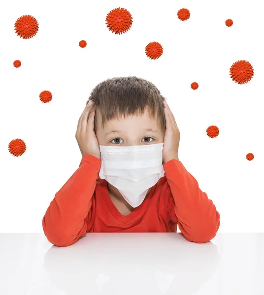 Niño Con Una Máscara Médica Aferra Cabeza Alrededor Los Virus —  Fotos de Stock
