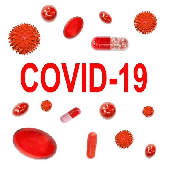 Inscription Covid Chinese Coronavirus Various Pills Virus Viruses Isolated White — Stock Photo, Image