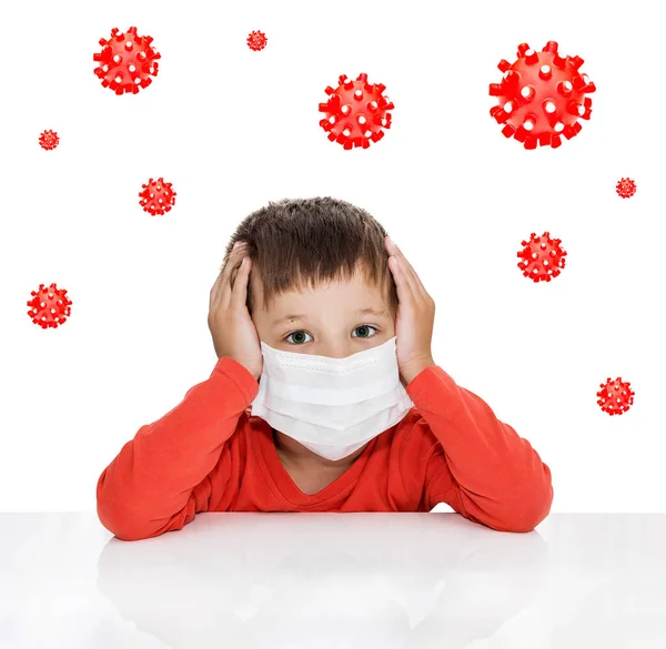 Niño Con Una Máscara Médica Aferra Cabeza Alrededor Los Virus —  Fotos de Stock