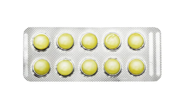 Sarı Haplar Tabletler Pastiller Bir Beyazda Izole Edilmiş — Stok fotoğraf