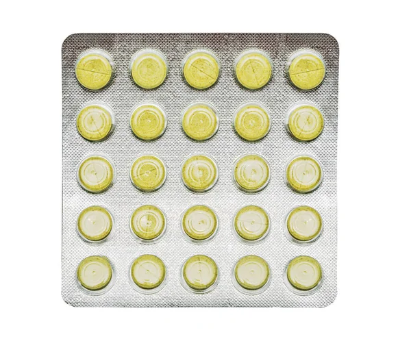 Sarı Haplar Tabletler Bir Beyazda Izole Edilmiş — Stok fotoğraf
