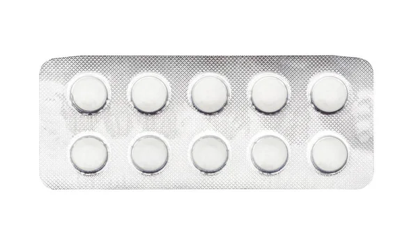 Förpackning Runda Vita Piller Tabletter Pastils Isolerad Vit — Stockfoto