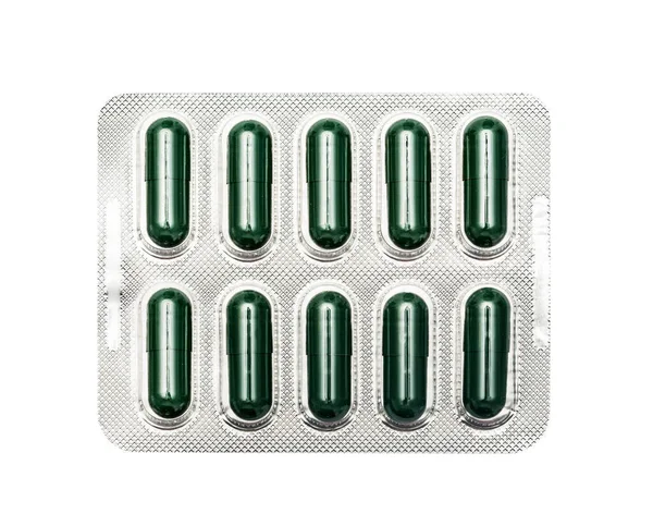 Packar Ovala Gröna Piller Tabletter Isolerad Vit — Stockfoto