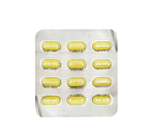 Συσκευασία Οβάλ Κίτρινα Χάπια Δισκία Παστίλιες Απομονωμένα Λευκό — Φωτογραφία Αρχείου