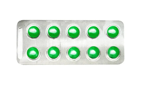 Yeşil Haplar Tabletler Bir Beyazda Izole Edilmiş — Stok fotoğraf