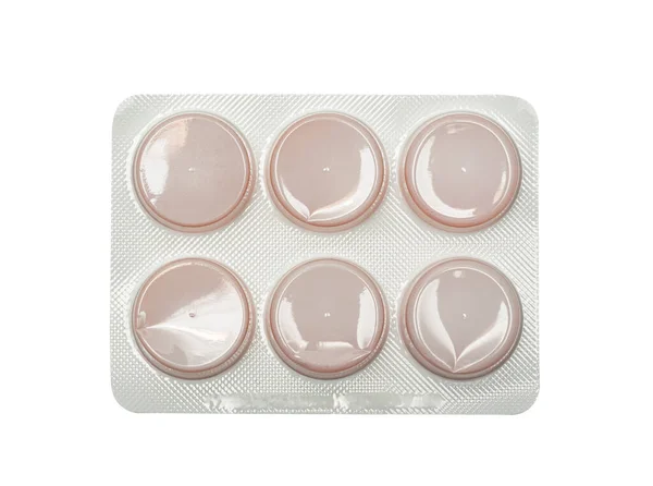 Förpackning Runda Röda Piller Tabletter Isolerad Vit — Stockfoto