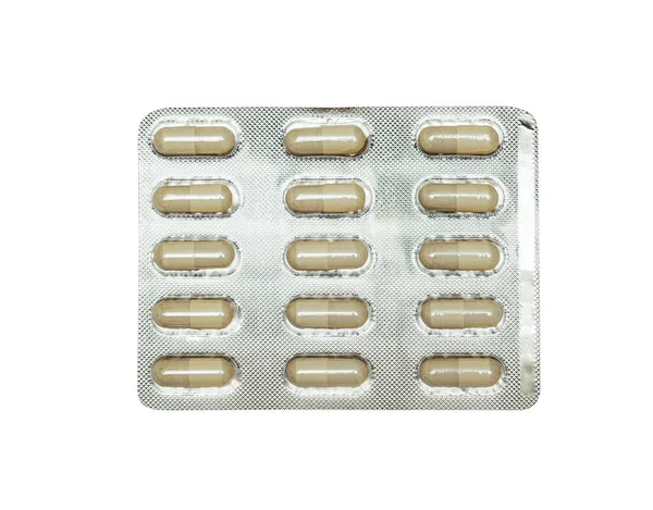 Förpackning Ovala Gula Piller Tabletter Isolerad Vit — Stockfoto