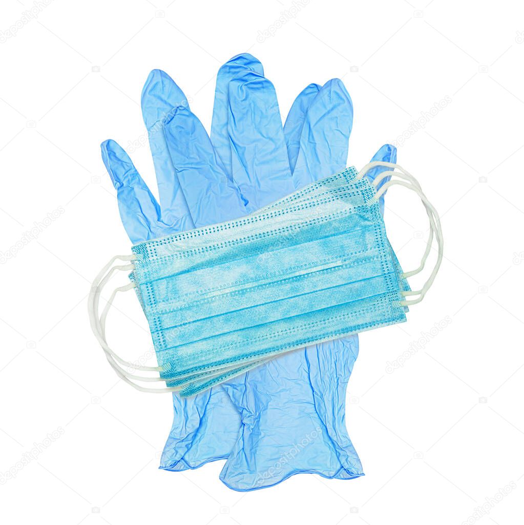 Respiratory surgical face mask, medical gloves, isolated on white background. Pandemic coronavirus, airborne diseases, SARS, grippe. Medical masks for human cover nose, mouth.