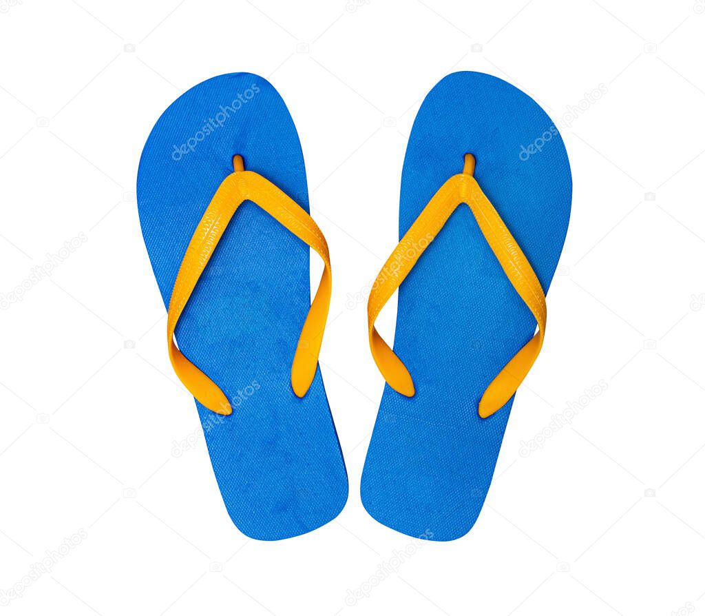 Beach blue flip flops shoes, top view isolated on white.